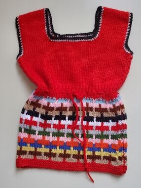 Handmade Red Knit Sleeveless Dress with Multicolor Pattern Vintage